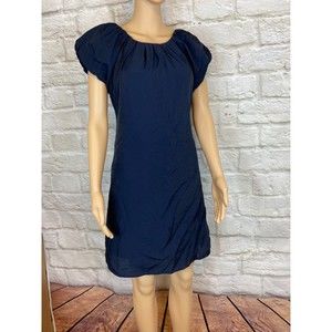 INSPIRE Dress Size SMALL Dark Blue Dress Back Yellow Zipper Puffy Sleeves Lined